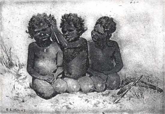 Appraisal: B E MINNS - Three Aboriginal Children etching x cm