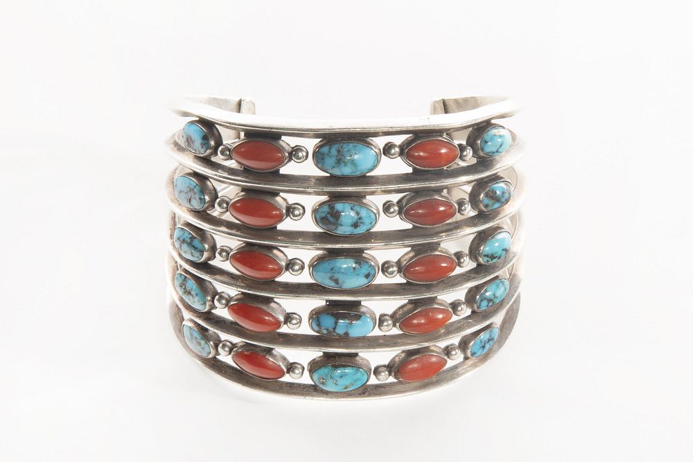 Appraisal: A Kenneth Begay Turquoise and Coral Band Cuff Navajo Kenneth