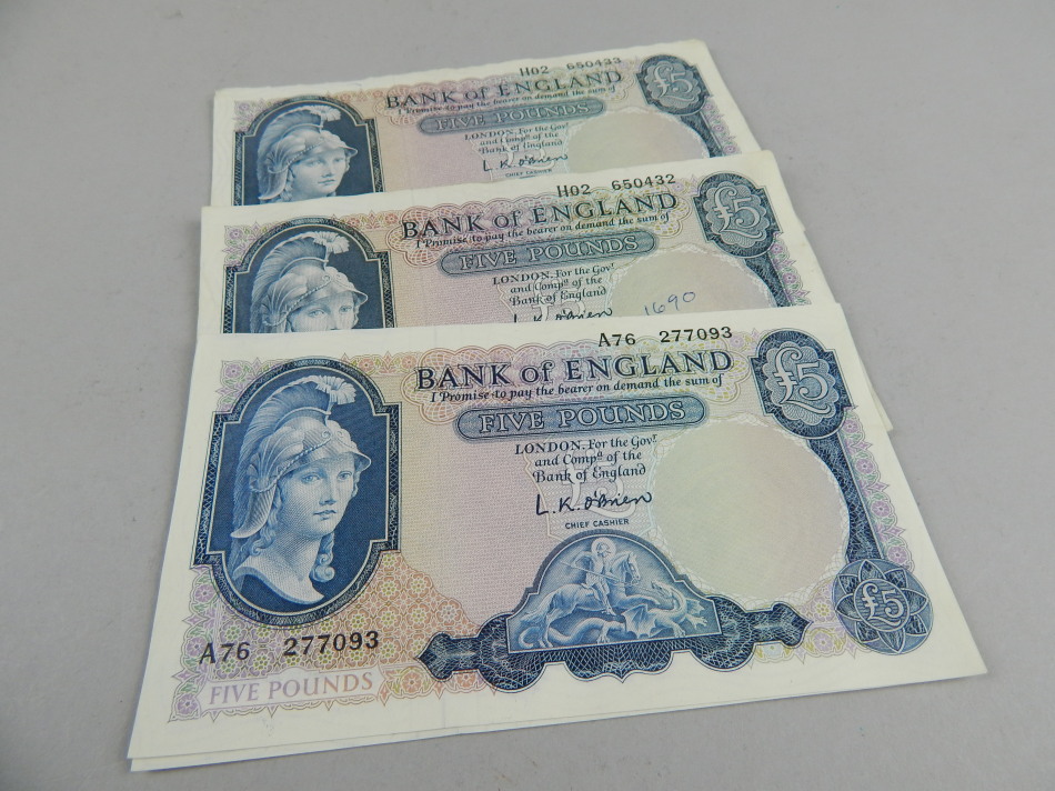 Appraisal: Four Bank of England five pound notes Chief Cashier O'Brian