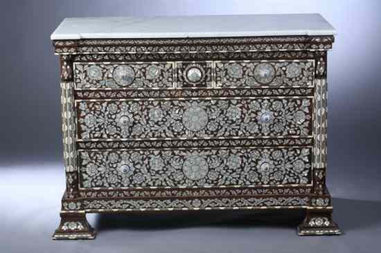 Appraisal: SYRIAN TEAKWOOD AND MOTHER-OF-PEARL INLAID CHEST-OF-DRAWERS White marble top two