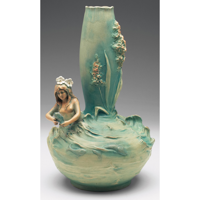 Appraisal: Bernard Bloch vase elaborate Art Nouveaudesign with mermaid figure and