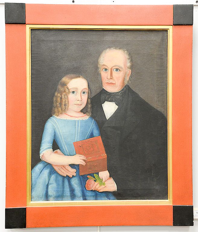 Appraisal: Primitive Folk Art portrait painting Father with Young Girl in