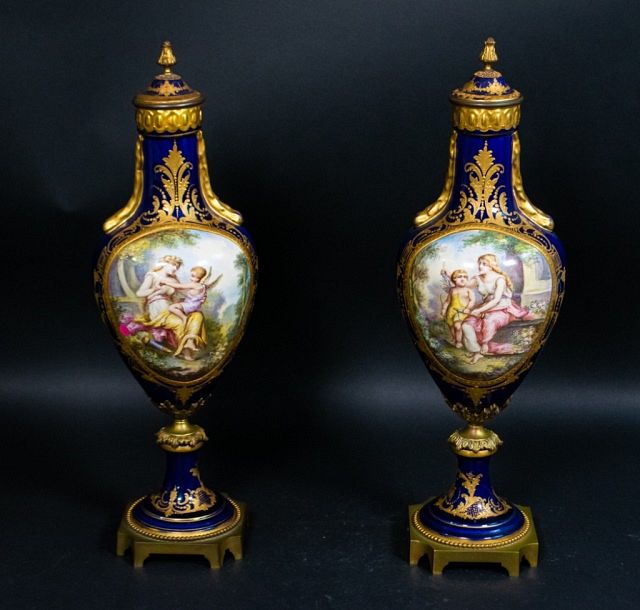 Appraisal: Pair Sevres Porcelain Urns Pair of Sevres hand painted cobalt