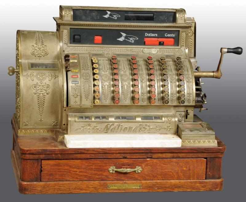 Appraisal: Large Nickel National Cash Register Description Working Original wooden base