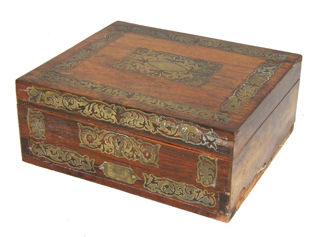 Appraisal: William IV rosewood and brass inlaid artist's box the hinged