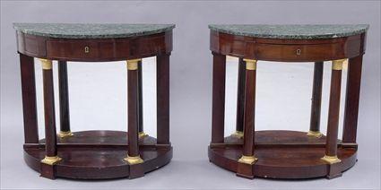 Appraisal: PAIR OF EMPIRE GILT-METAL MOUNTED MAHOGANY DEMILUNE CONSOLE TABLES Each