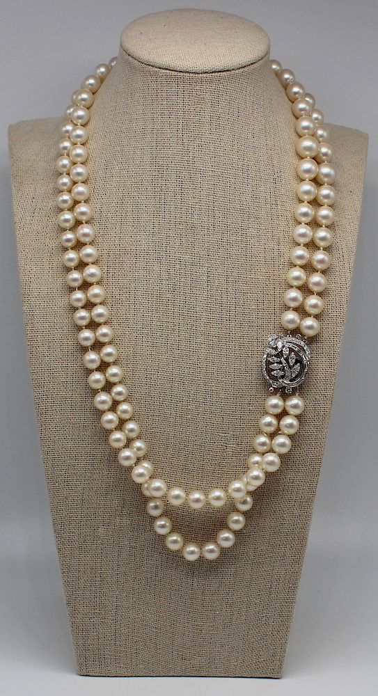 Appraisal: JEWELRY Platinum and Diamond Pearl Necklace Double strand cultured pearl