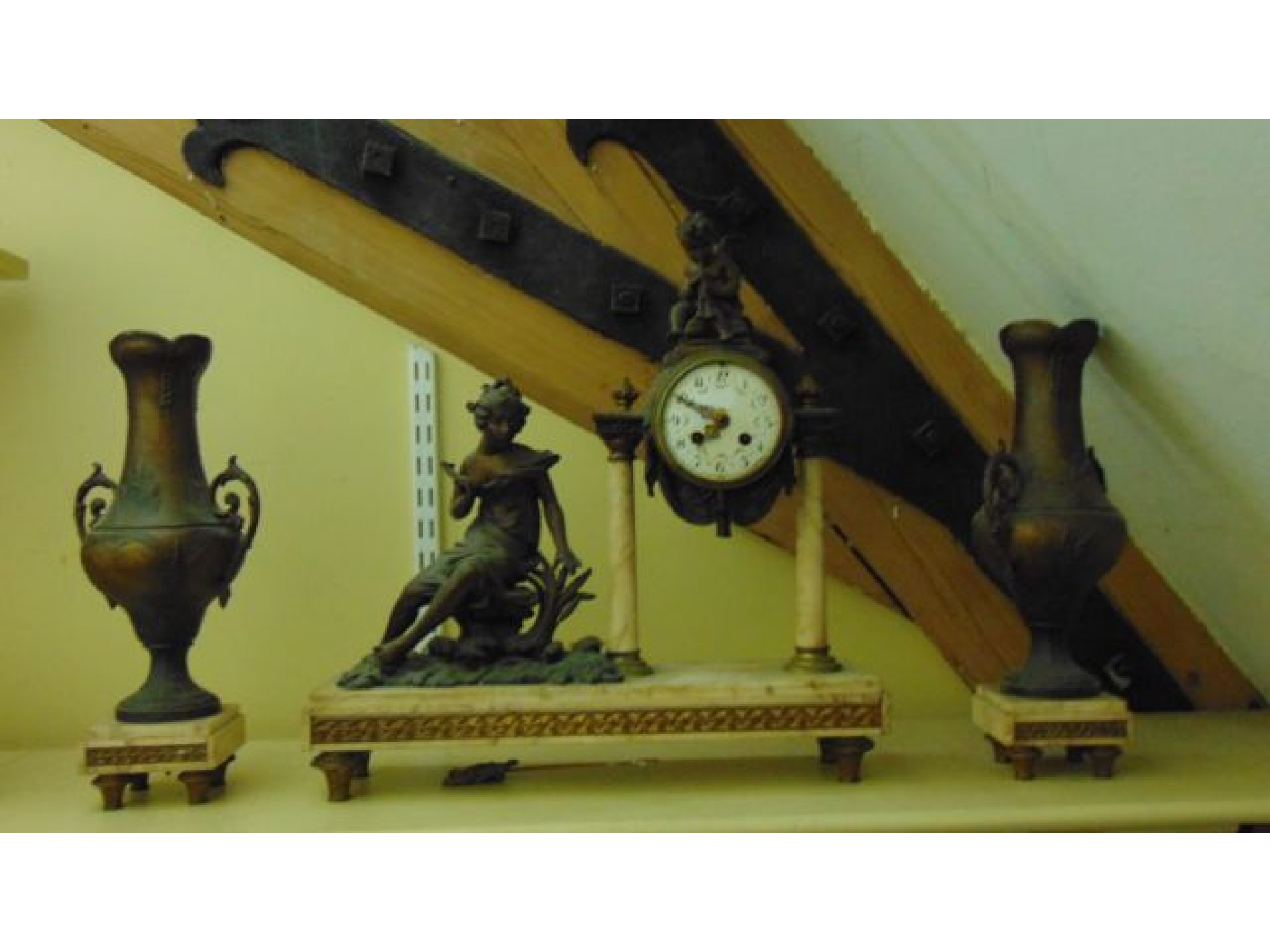 Appraisal: th century continental clock garniture with marble frame works surmounted