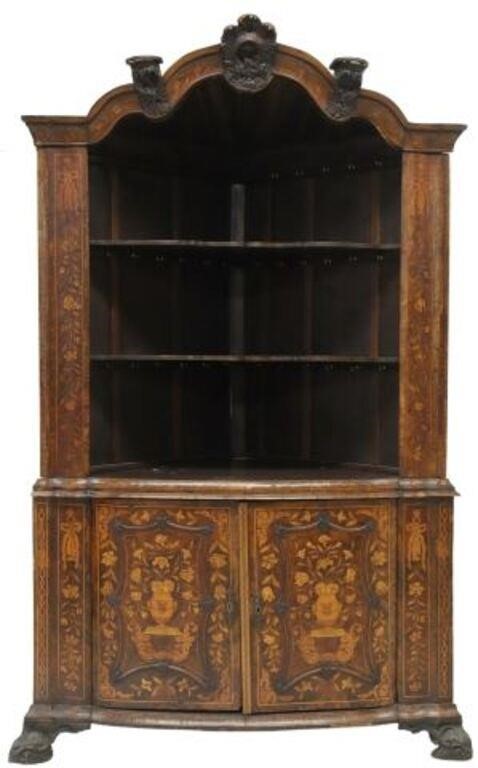 Appraisal: Exceptional Dutch burled walnut and marquetry corner bookcase display cabinet