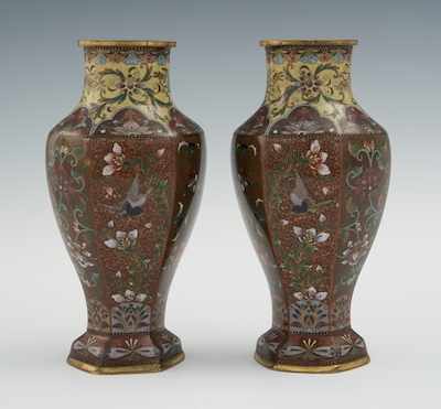 Appraisal: A Pair of Japanese Mirror Image Cloisonne Vases Baluster hexagonal