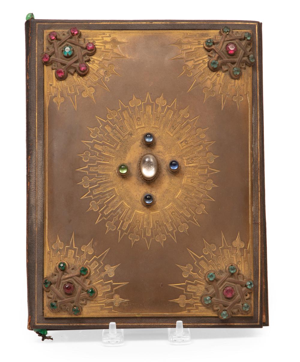 Appraisal: JUDAICA brass covered gemstone embellished book leather boards interior with