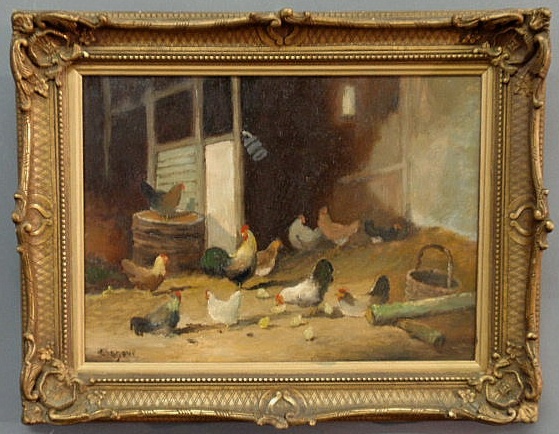 Appraisal: Oil on board painting of a barnyard with chickens signed