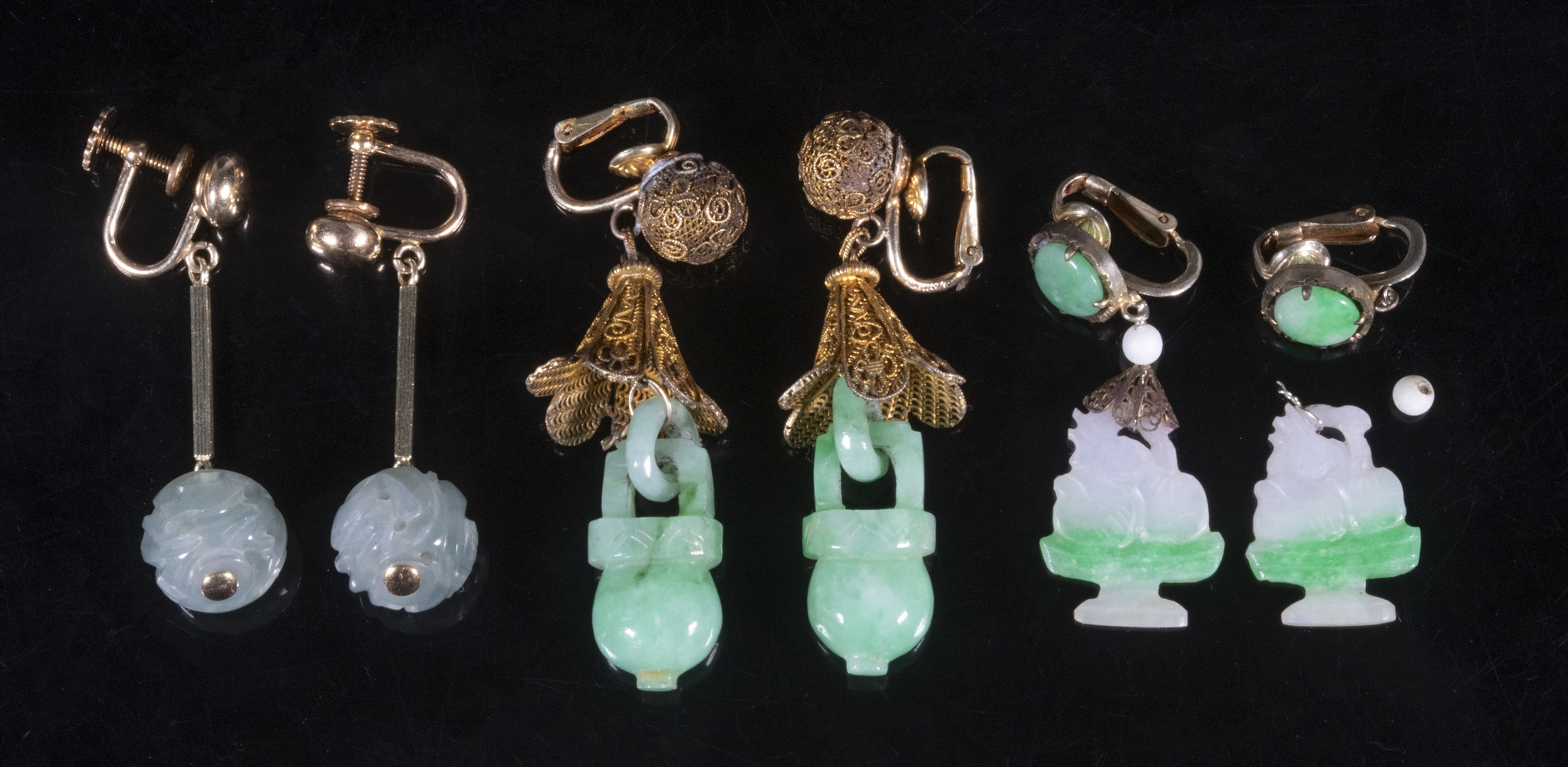 Appraisal: CHINESE SILVER JADE EARRINGS Pairs of Circa Gilt Silver and