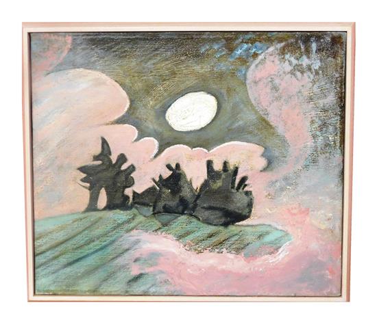 Appraisal: Unsigned abstracted landscape Moon with Silhouetted Trees th C oil