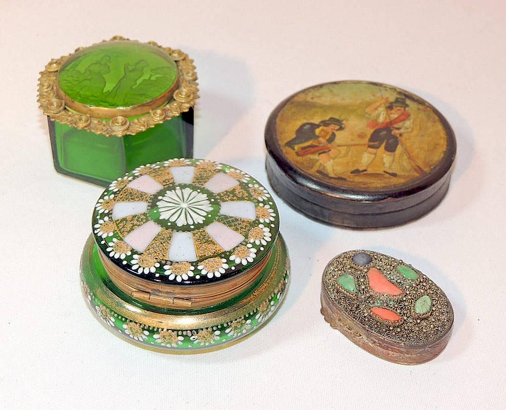 Appraisal: Four Pill Boxes Assembled grouping to include a Victorian painted