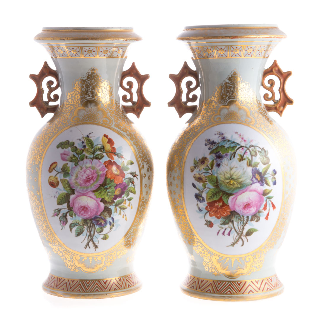 Appraisal: Pair of floral painted vases mid- th century probably Chinese