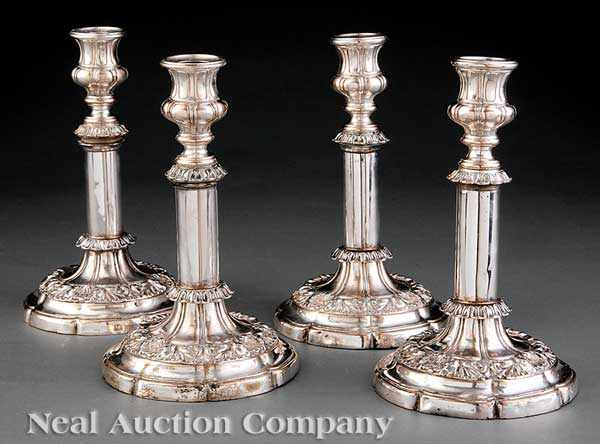 Appraisal: A Set of Four Antique English Silverplate Telescopic Candlesticks early