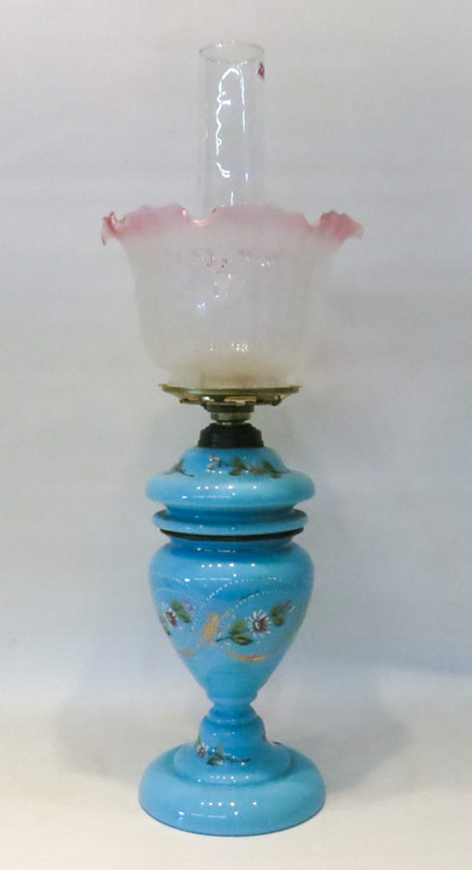 Appraisal: VICTORIAN STYLE KEROSENE TABLE LAMP vasiform blue Bristol glass body