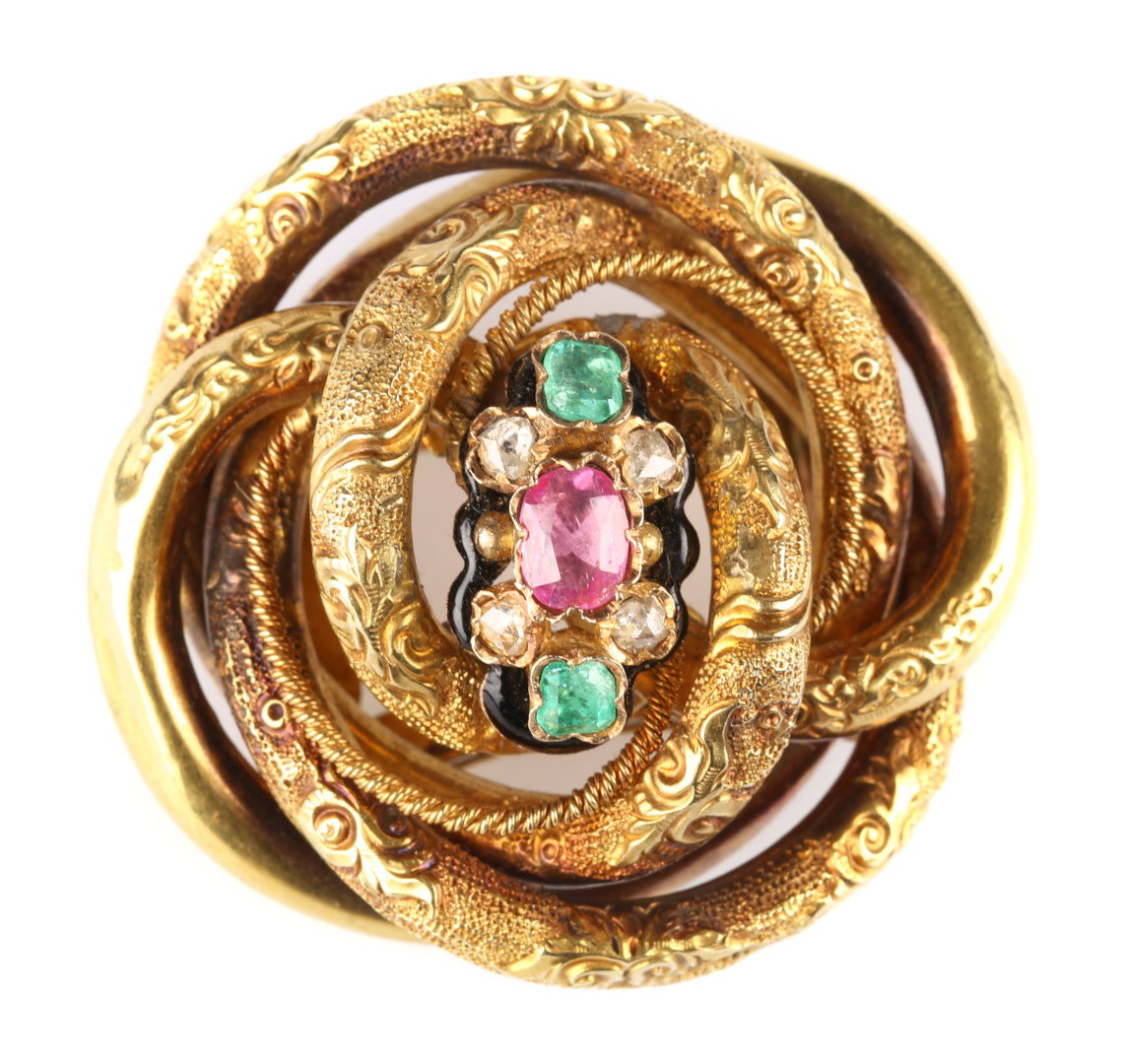 Appraisal: A Brooch with Diamonds Emeralds and a Ruby L Wt