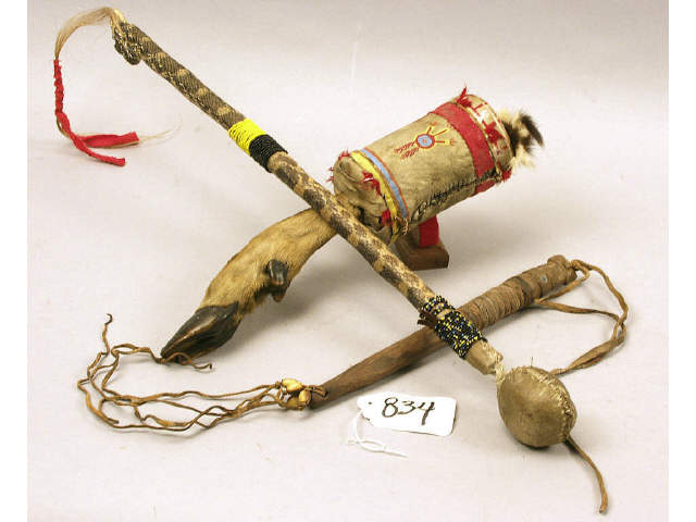 Appraisal: Plains Indian dance rattle skull crusher and quirt Estimate -