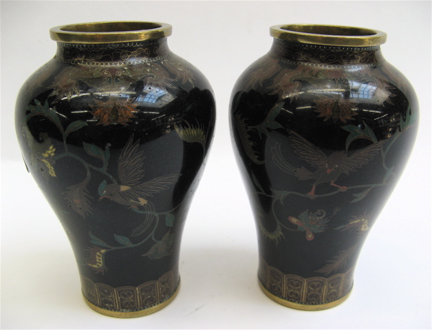 Appraisal: PAIR JAPANESE CLOISONNE VASES colorful birds and foliage on black