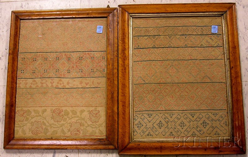 Appraisal: Two Bird's-eye Maple Veneer Framed th Century Needlework Exercise Samplers