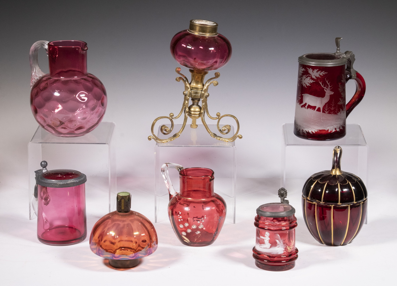 Appraisal: PCS CRANBERRY RUBY GLASS VESSELS Including Souvenir pewter mounted cranberry