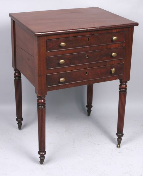 Appraisal: th Century Federal mahogany three drawer table with reeded legs