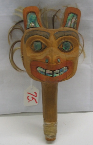 Appraisal: A NORTHWEST HAIDA INDIAN FIGURAL HAND RATTLE Carved from cedar