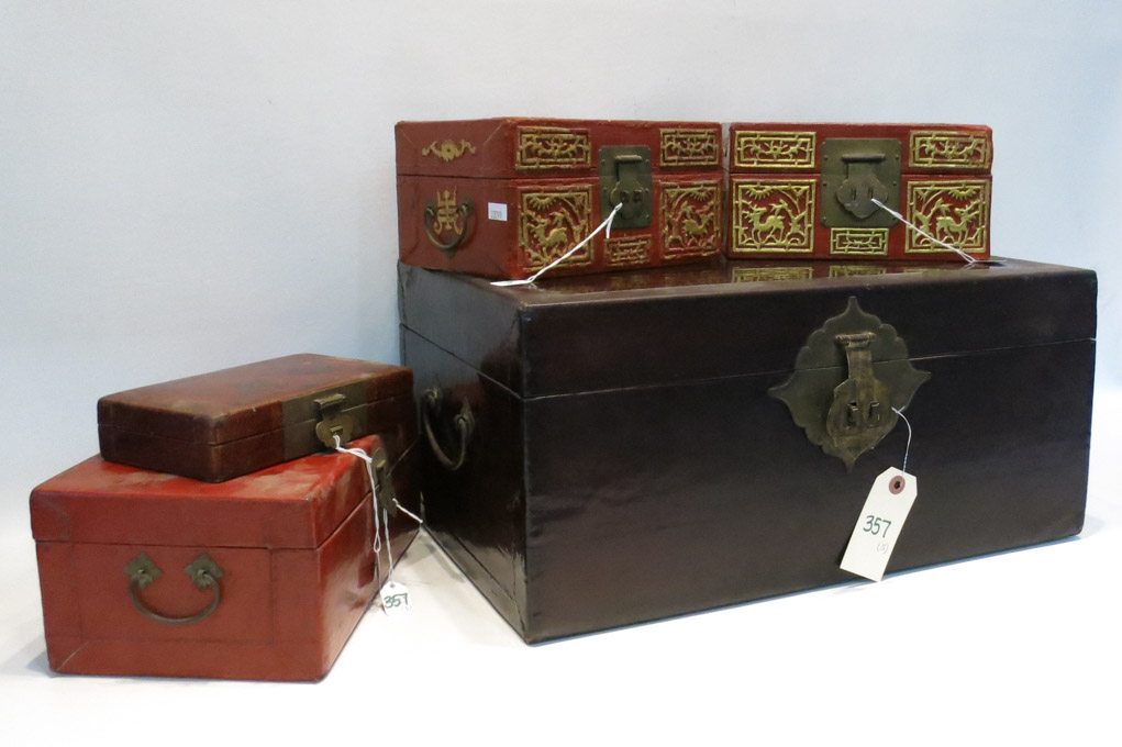 Appraisal: FIVE CHINESE LEATHER COVERED BOXES four are trunk type with