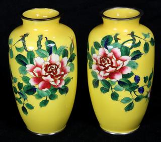 Appraisal: Pair of Japanese Cloisonne Yellow Vases with Roses Pair of