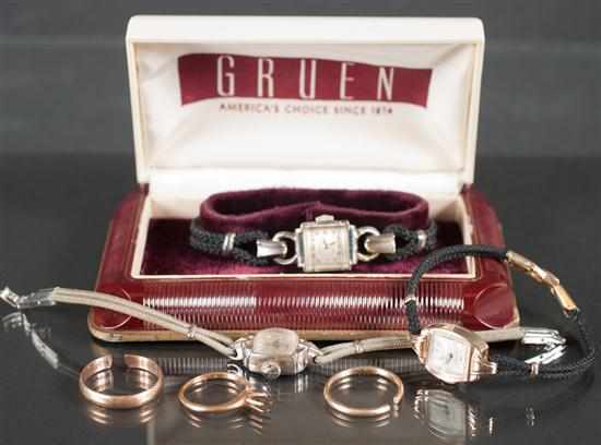 Appraisal: Assortment of watches and jewelry Gruen K white gold bracelet