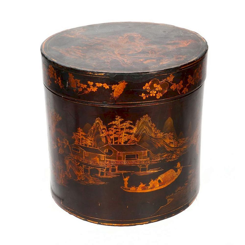 Appraisal: A large cylindrical Chinese lacquer box A large late th