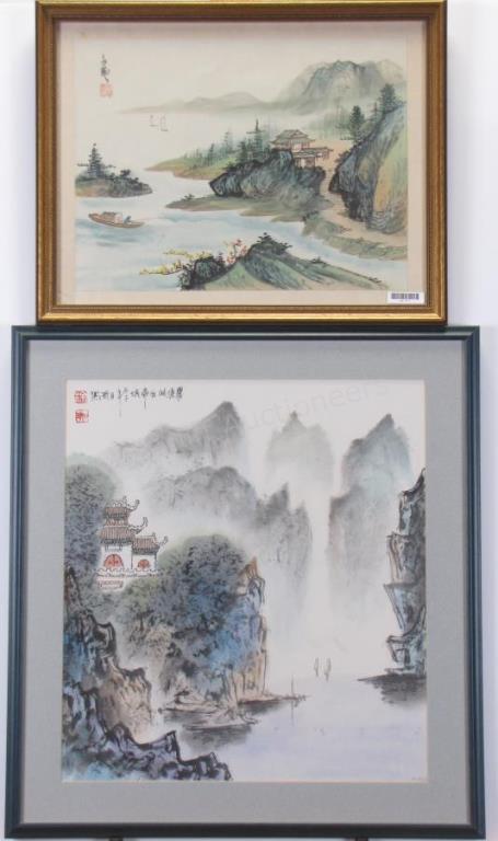 Appraisal: Two Oriental th Century Watercolor on Silk Paper Landscapes including