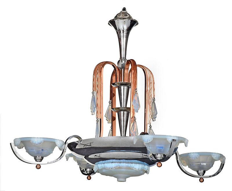 Appraisal: Art Deco Copper And Chrome Chandelier French th century possibly