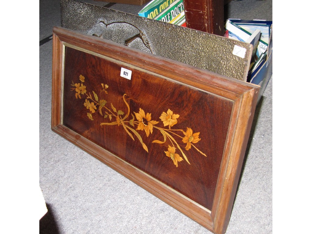 Appraisal: Lot comprising a framed wooden inlaid picture and Eastern beaten