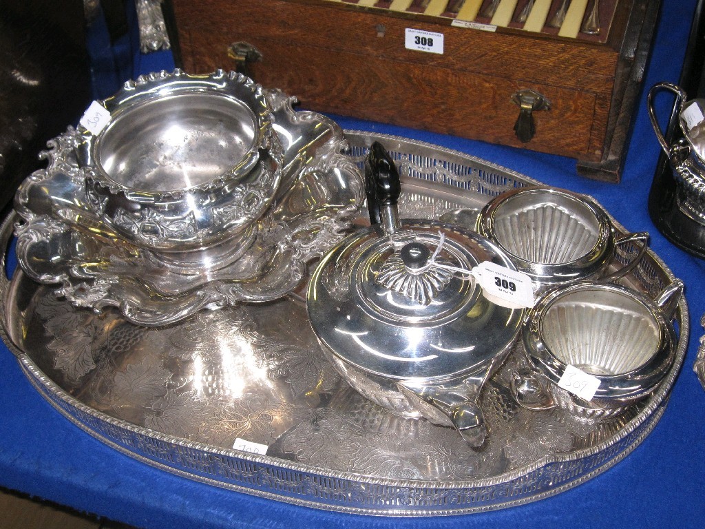 Appraisal: Lot comprising tea service rose bowl basket and a tray