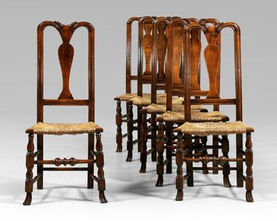 Appraisal: Rare assembled set six Spanish foot dining chairs maple ash