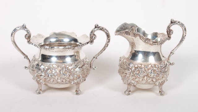 Appraisal: Stieff repousse sterling silver sugar and creamer hand chased ozt