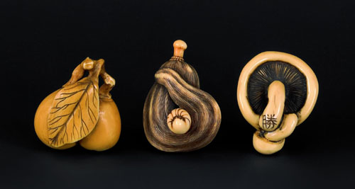 Appraisal: Three Japanese carved ivory netsuke th c to include mushroom