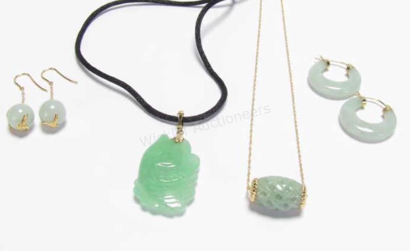 Appraisal: A group of jade jewelry including jade barrel pendant with