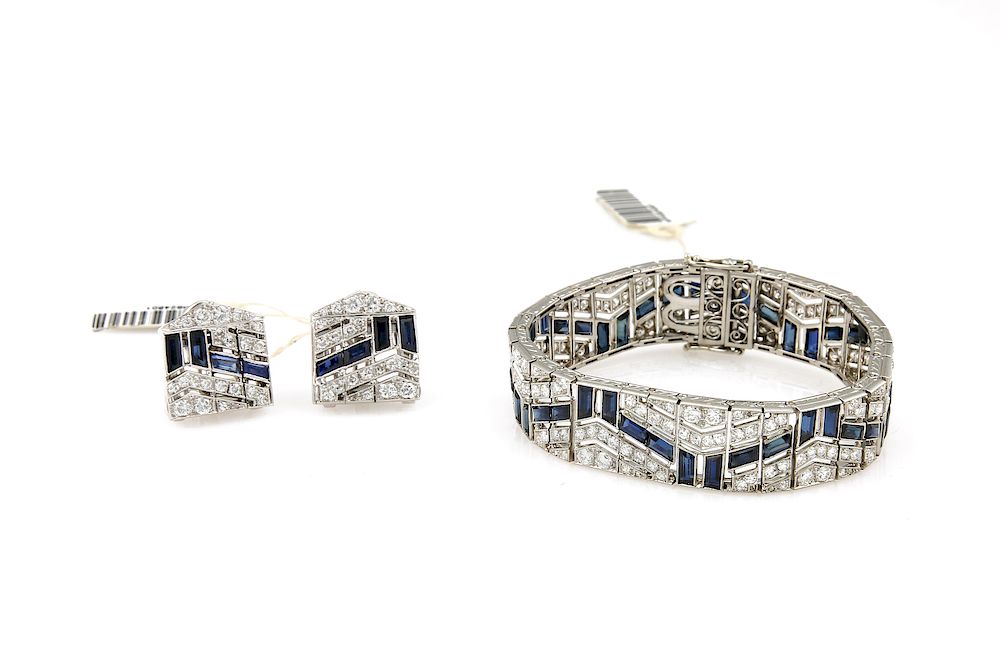 Appraisal: Platinum Sapphire Diamond Earring Bracelet Set Platinum bracelet and earring