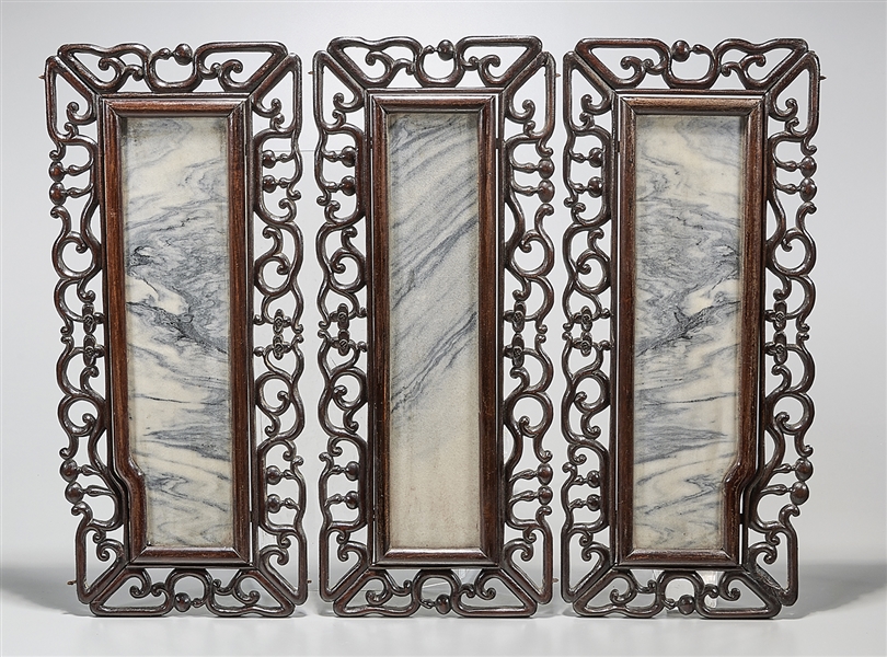 Appraisal: Three Chinese stone inset carved wood panels x each approx