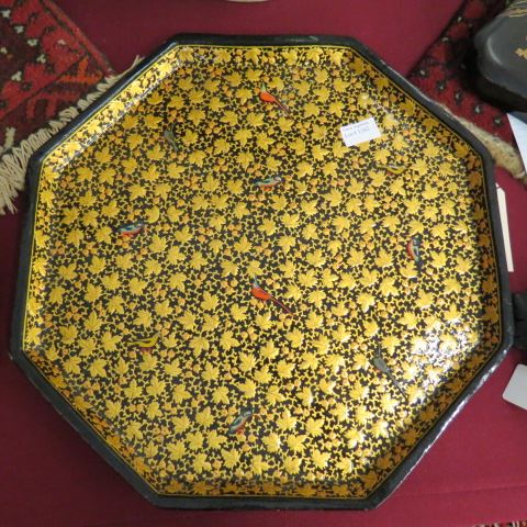 Appraisal: Oriental Lacquerware Tray bird gold floral octagon