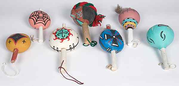 Appraisal: Hopi Polychrome Gourd Rattles lot of all brightly painted with