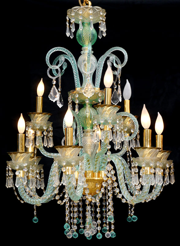 Appraisal: AQUA COLORED MURANO GLASS CHANDELIER Nine light curved arm Italian