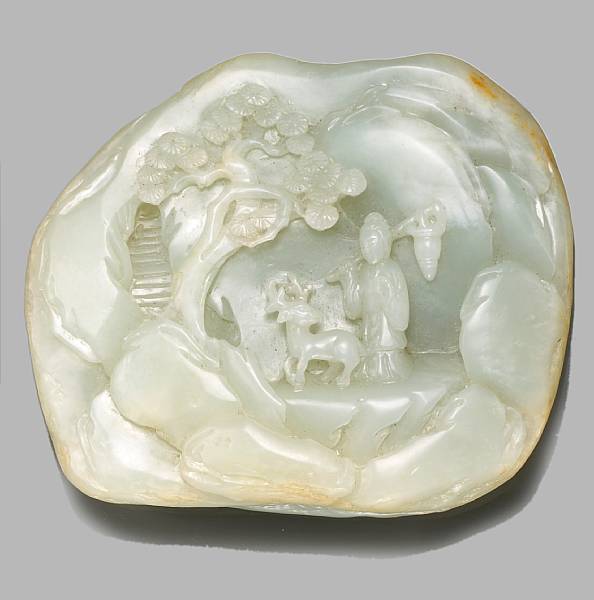 Appraisal: A nephrite landscape boulder th th Century Of irregular oval