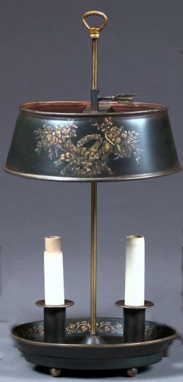 Appraisal: French Brass-Mounted Black-and-Gold Tole Peinte Bouillotte Lamp in the Restauration