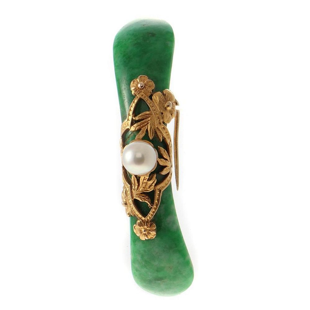 Appraisal: Jade cultured pearl high karat gold curved brooch pearl measuring