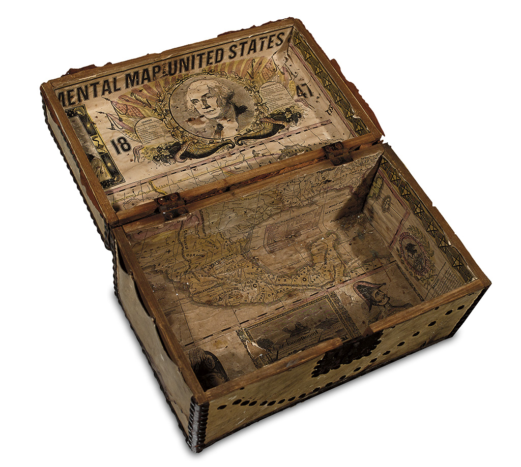 Appraisal: POP-CARTOGRAPHICA A deer skin covered lockbox with Phelps' Ornamental Map